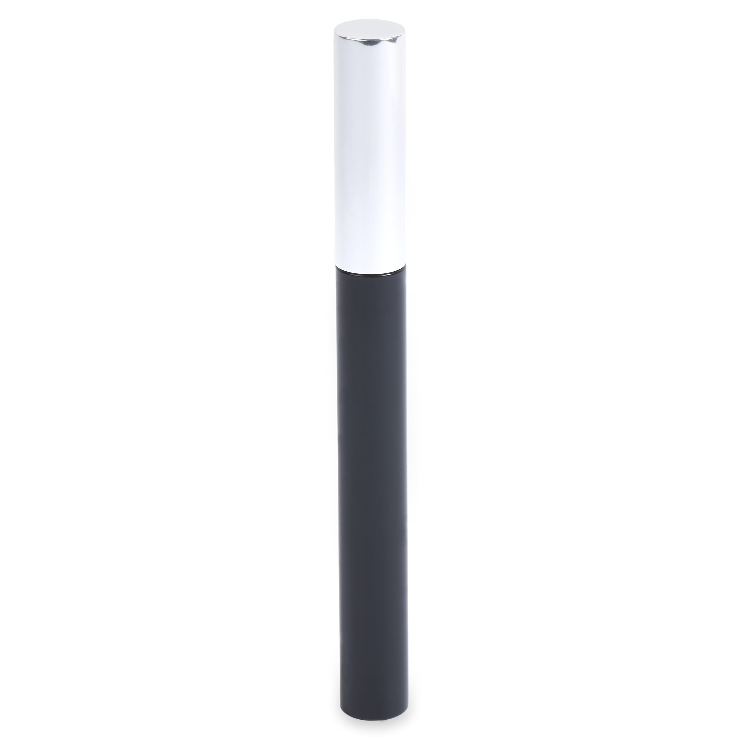 The Round Mascara Bottle, with its sleek cylindrical shape, shiny silver cap, and matte black body, stands upright against a white background.