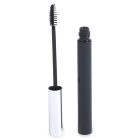 A Round Mascara Bottle with a metallic silver cap is open, revealing the brush applicator. The brush is coated with black mascara, and both the bottle and the brush are standing upright against a white background.