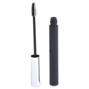A Round Mascara Bottle with a metallic silver cap is open, revealing the brush applicator. The brush is coated with black mascara, and both the bottle and the brush are standing upright against a white background.