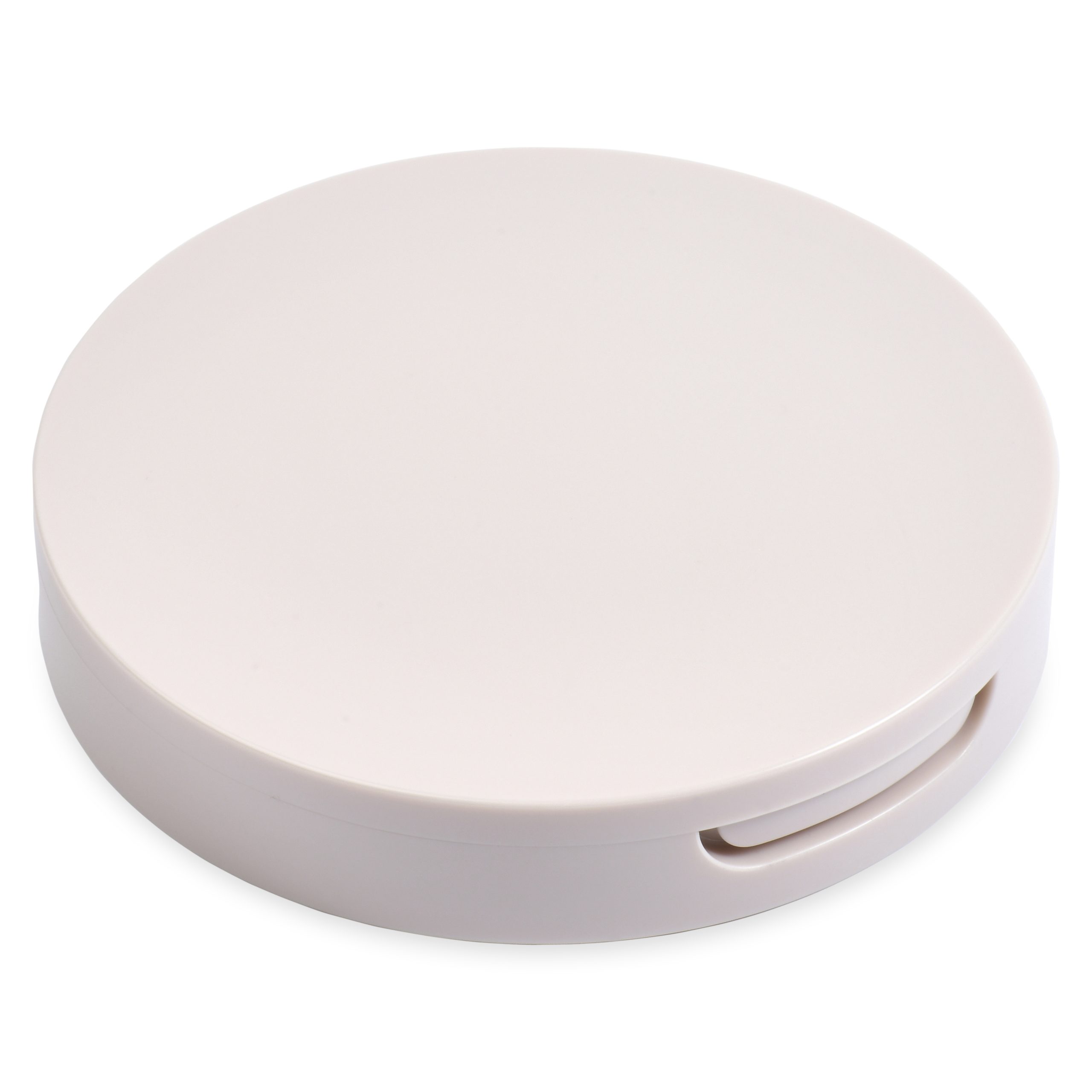 A minimalist and plain Single Well Round Compact with Mirror, featuring a smooth, white, and flat round case. The compact is closed with a small indent for easy opening and has no visible branding or design.