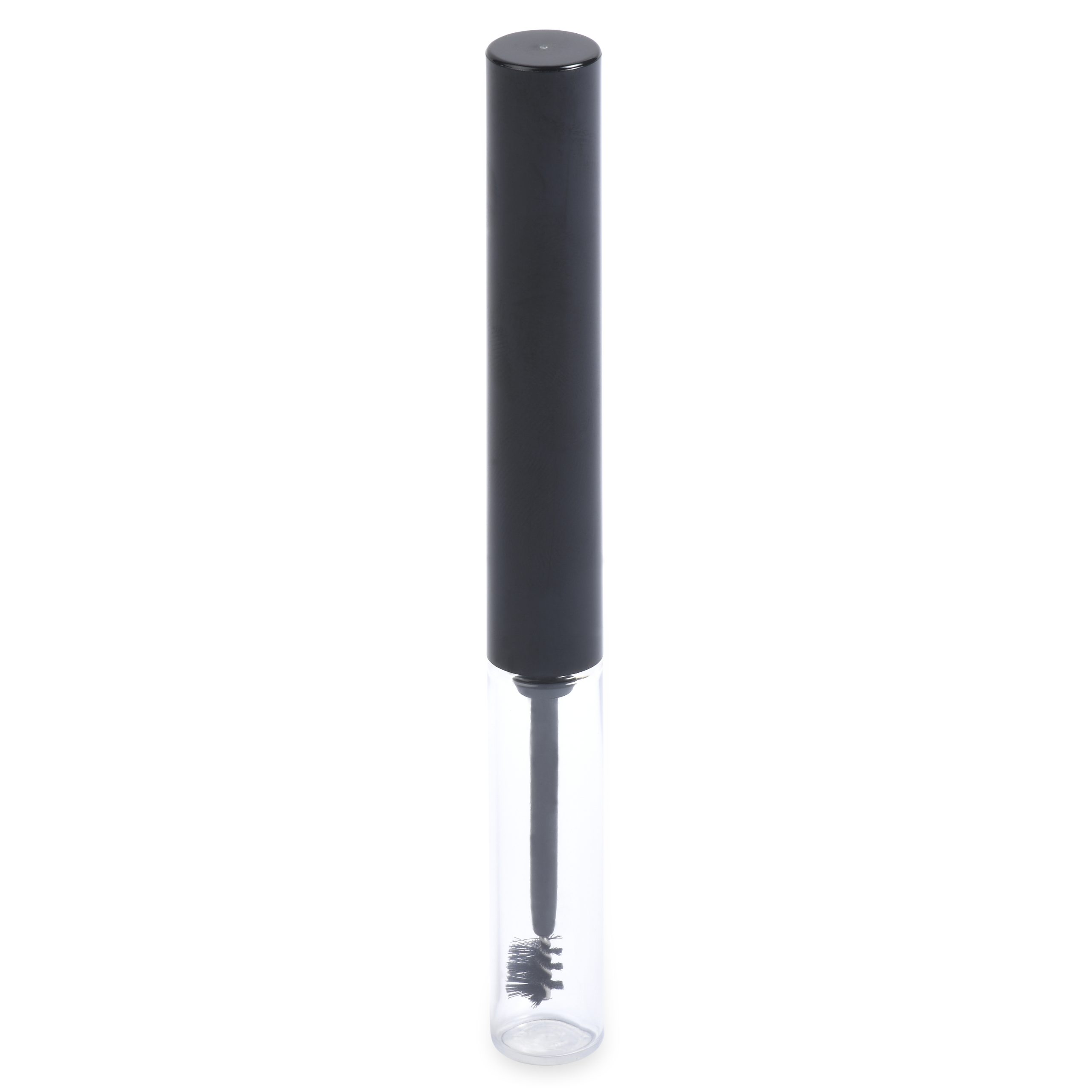 The Round Mascara Bottle features a sleek and minimalist design, consisting of a clear tube with a black cap. Inside, you'll find a mascara wand equipped with a black, bristled brush for precise mascara application.