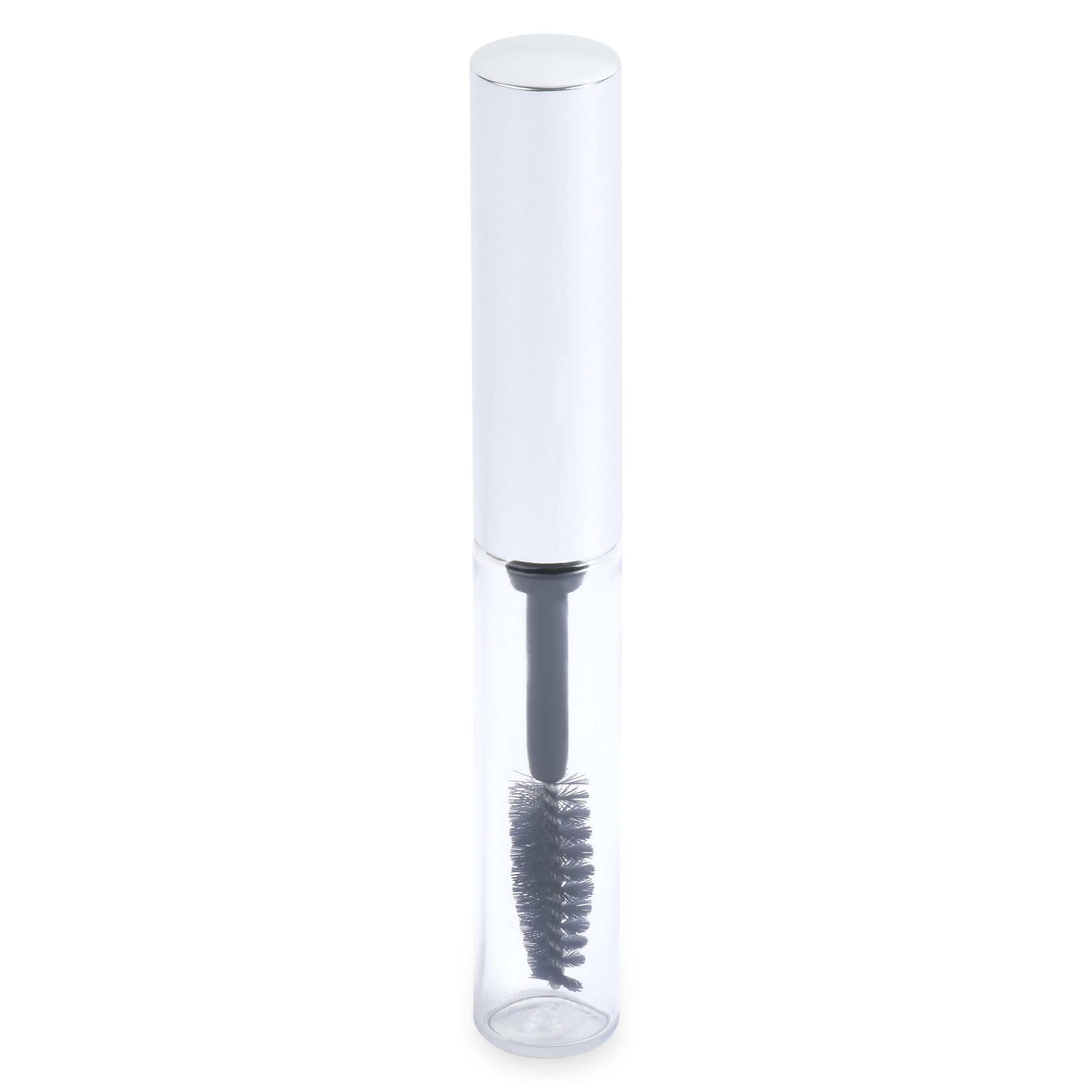 The Round Mascara Bottle is a clear cylindrical tube with a metallic silver cap, housing a black mascara wand featuring visible bristles. The wand is partially immersed in a transparent solution and the item stands upright against a white background.