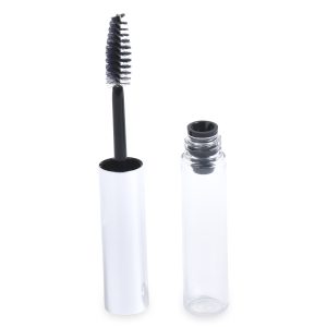 Open tube of the Round Mascara Bottle with a silver cap and a black bristle wand applicator. The applicator is resting on the side of the bottle, which stands upright to showcase its clear internal chamber designed to hold the mascara product. The background is white.