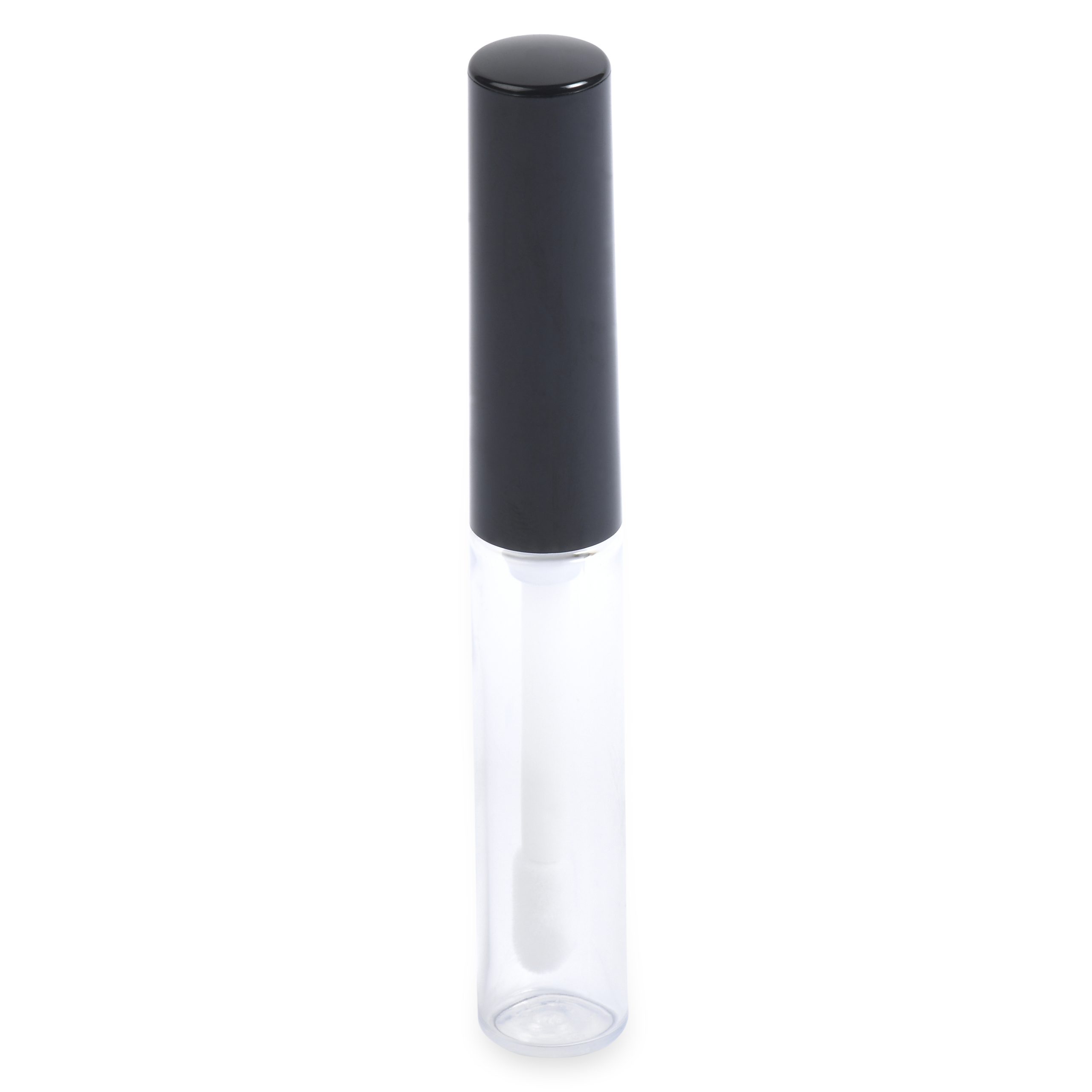 The Round Lip Gloss Bottle features a clear tube with a black cap, allowing you to see the applicator wand through its transparent body.