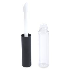 The Round Lip Gloss Bottle, featuring a clear tube and an opened black cap, stands upright beside its empty counterpart. The white applicator wand leans slightly to the left, revealing its gloss-covered tip.