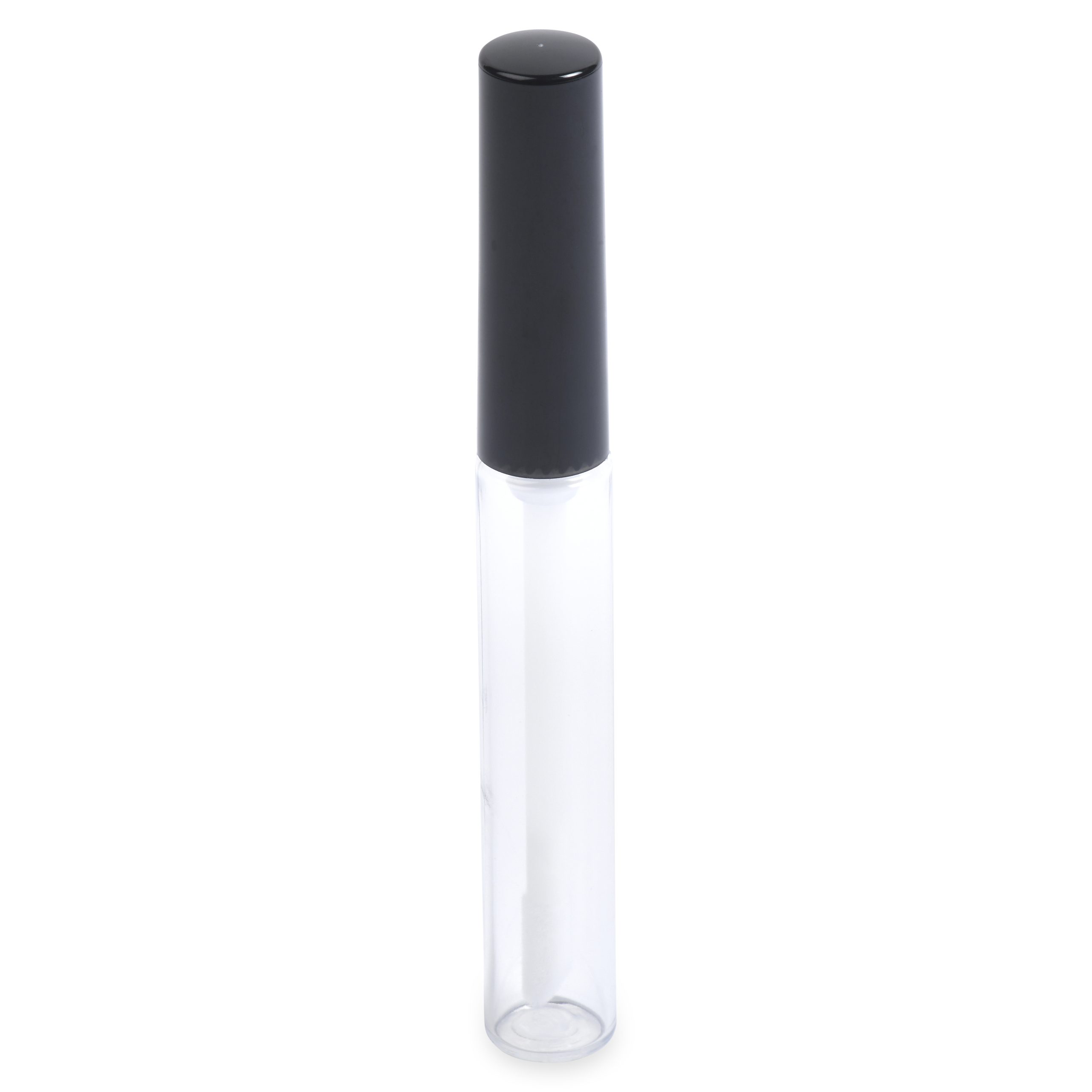 The Round Lip Gloss Bottle is a clear, cylindrical tube designed for storing and applying lip gloss or similar cosmetic products. It features a black cap that securely attaches to the tube, keeping it tightly sealed.