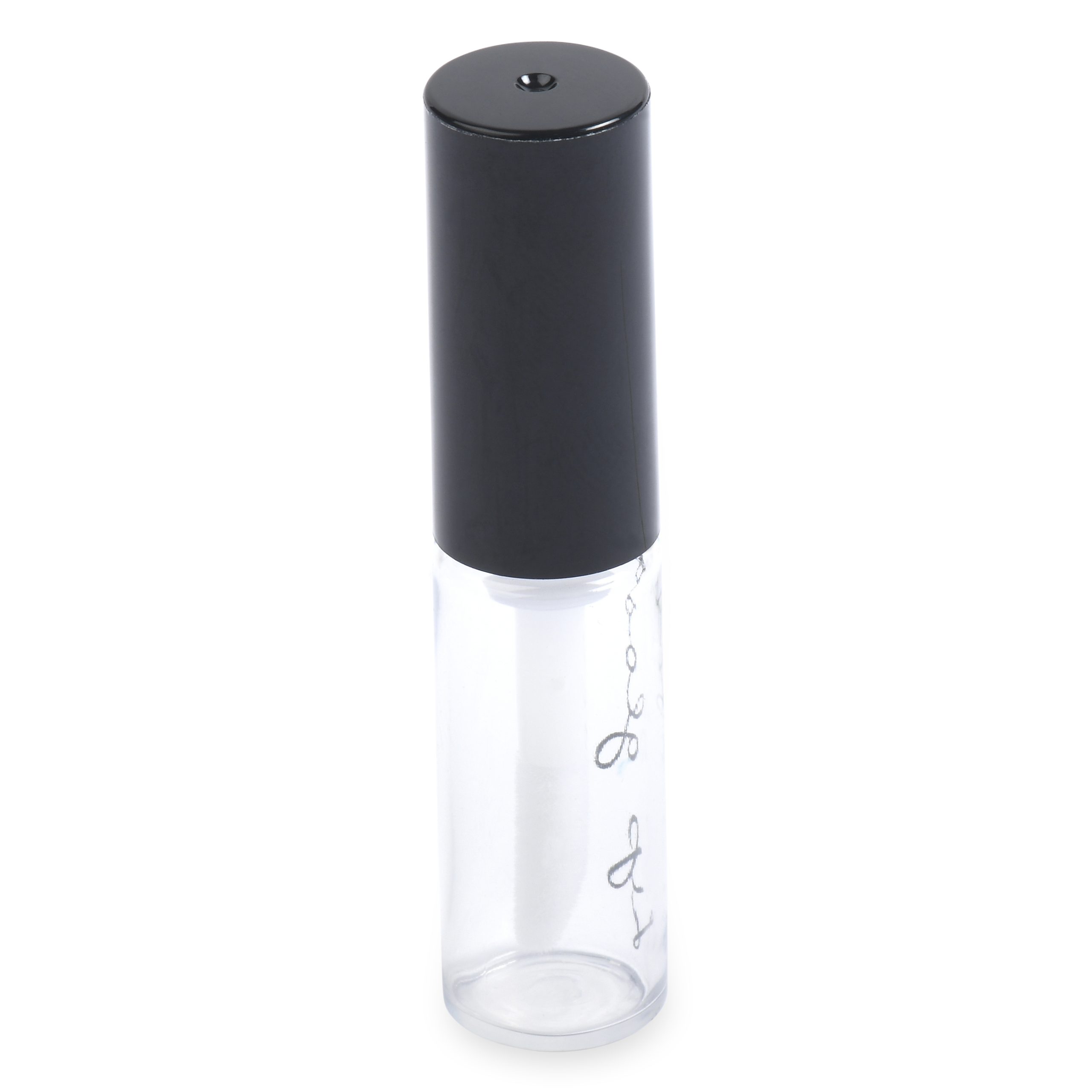 The Round Lip Gloss Bottle is a clear, cylindrical glass container with a black, cylindrical twist-off cap. The bottle seems to be empty and stands upright, featuring faint writing on the glass.