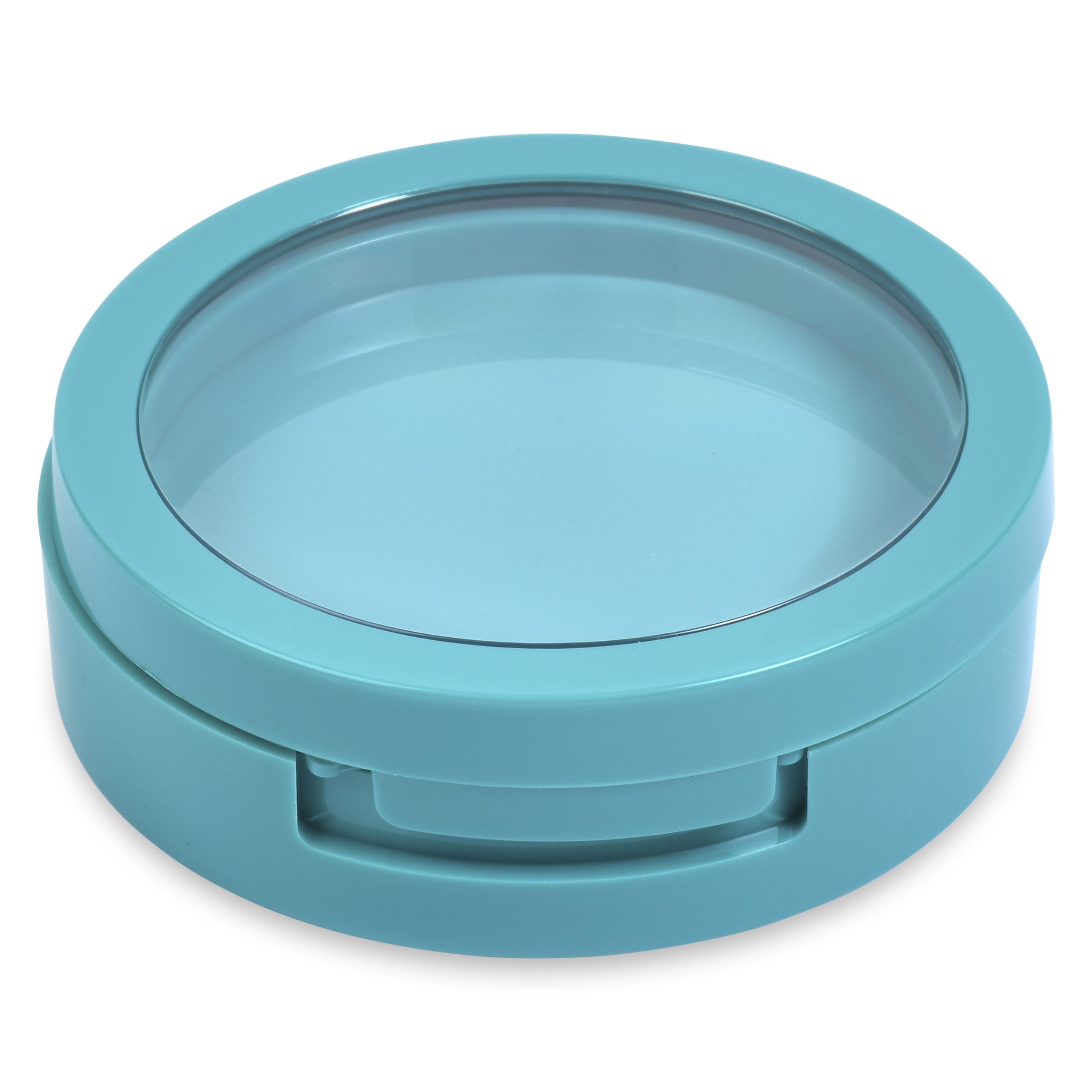 The Single Pan Round Compact is a turquoise container with a transparent lid. It features a small, built-in hinged handle on the front side, which seems to assist with opening and closing. The securely fitted lid suggests it’s ideal for storage or organization.