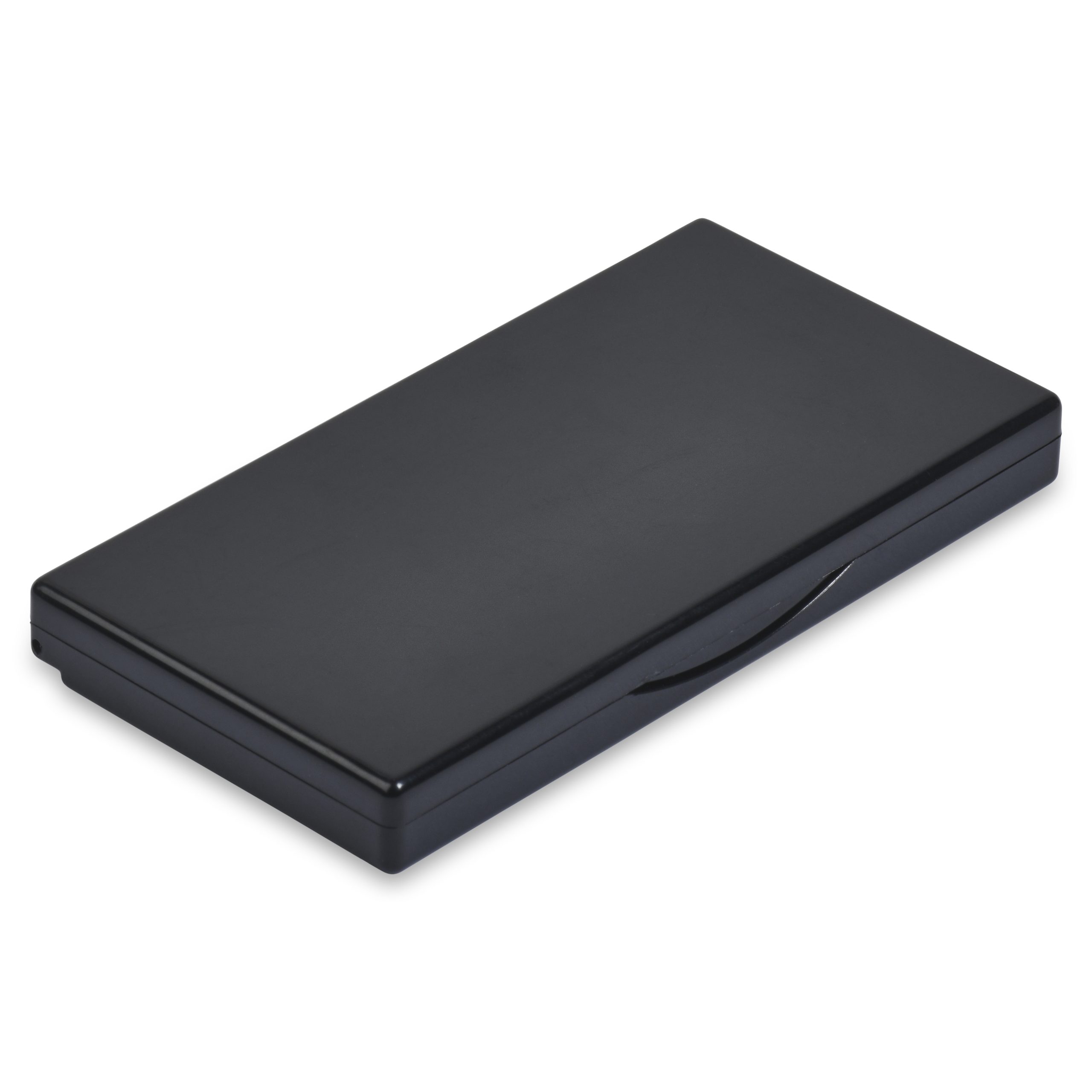 The 5 Well Rectangular Compact is a closed, black carrying case with smooth edges and a slight indentation along one side, likely for opening. The case appears compact and sleek, suitable for holding small items like utensils, electronic accessories, or writing instruments.