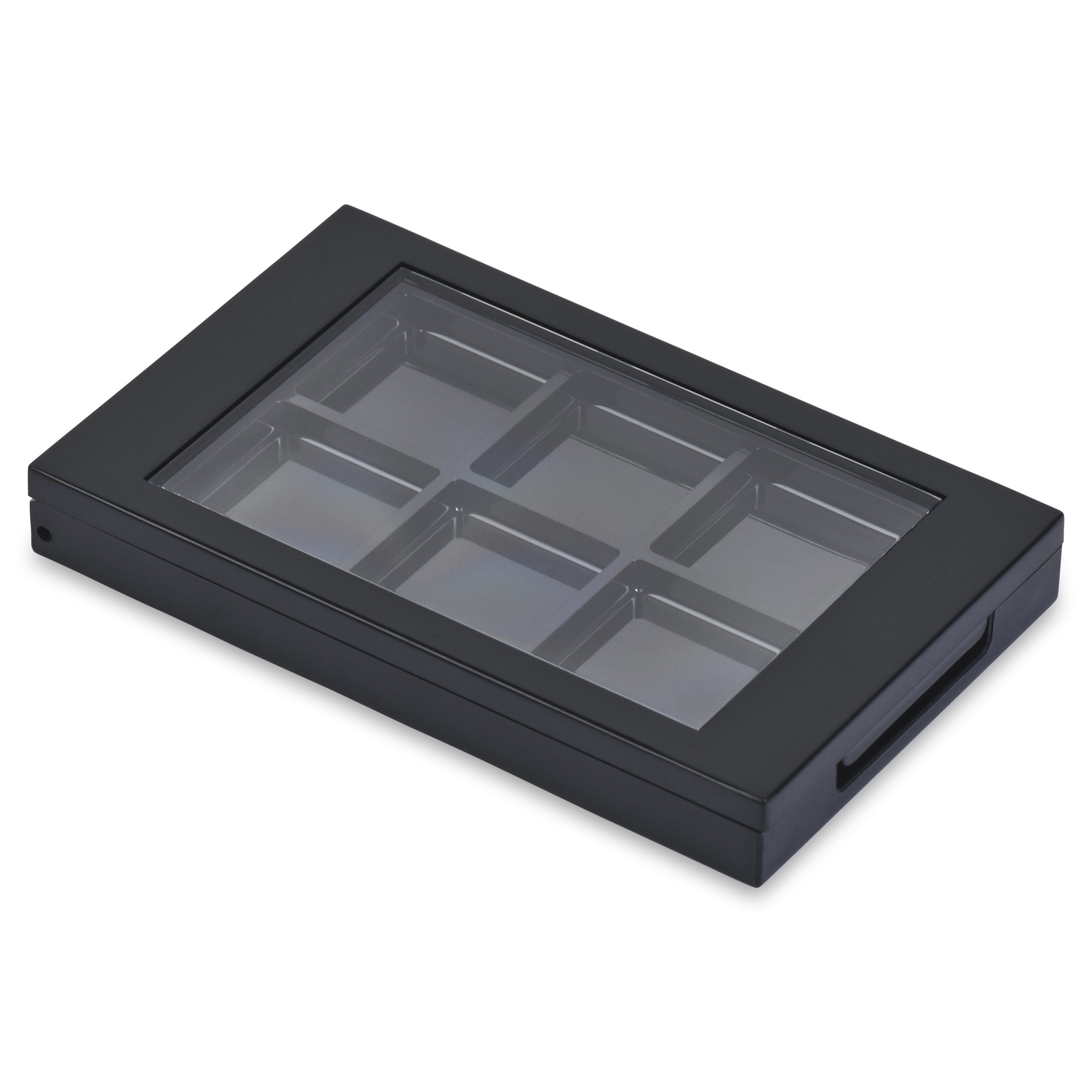 A "6 Well Rectangular Compact" in black, featuring a transparent glass top cover. The top-angle view reveals its six empty compartments and a side handle on the right.