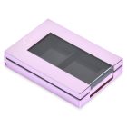 The Double Pan Rectangular Compact is a shiny, rectangular, pink metallic makeup case with a transparent section on the top that reveals two empty compartments inside. It features a sleek design with the word "Cheek" embossed on the top left corner.