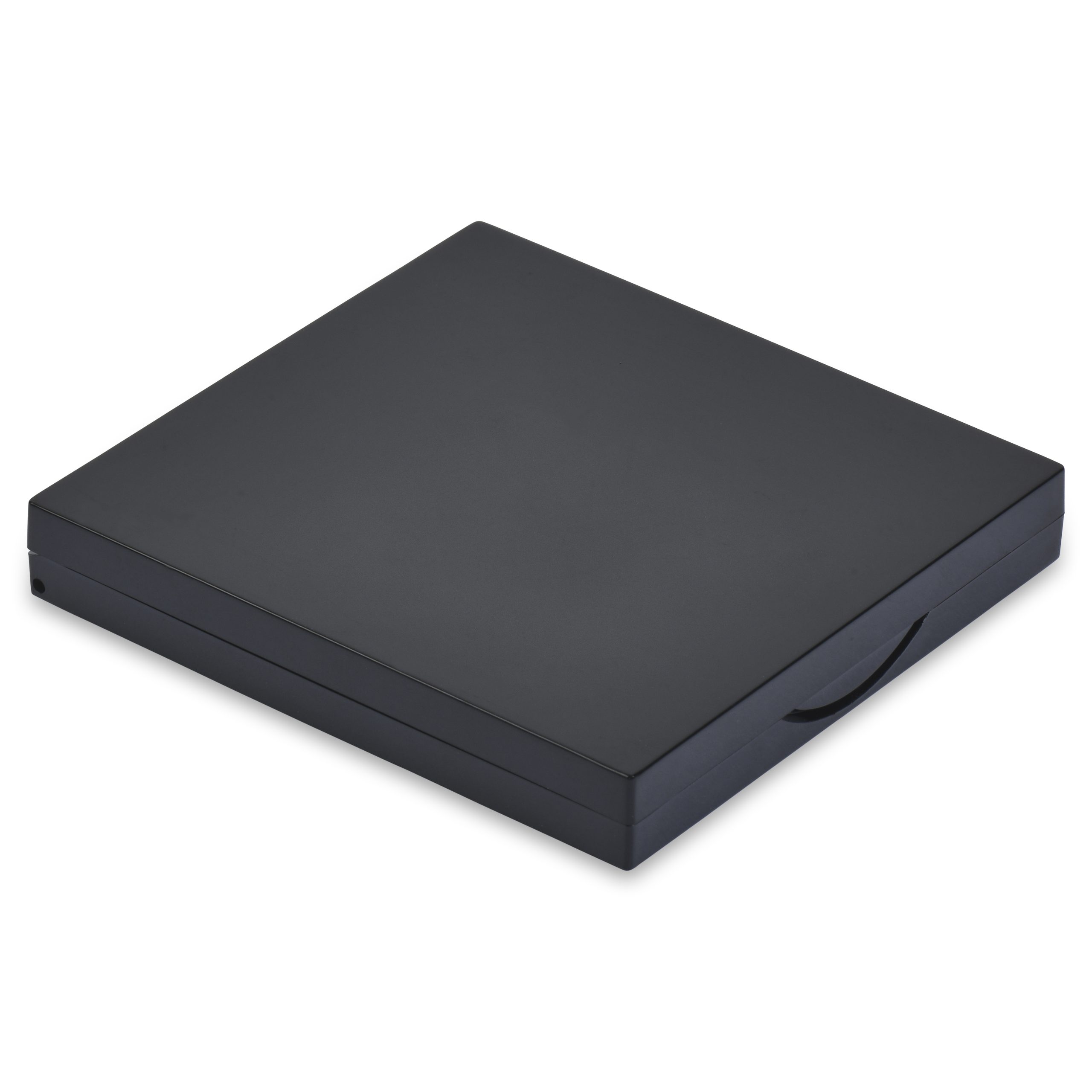 A sleek and minimalist black square compact case, with smooth edges and a subtle latch on the right side. The "4 Well Square Compact with Mirror" is made of a matte material and is shown against a plain white background.