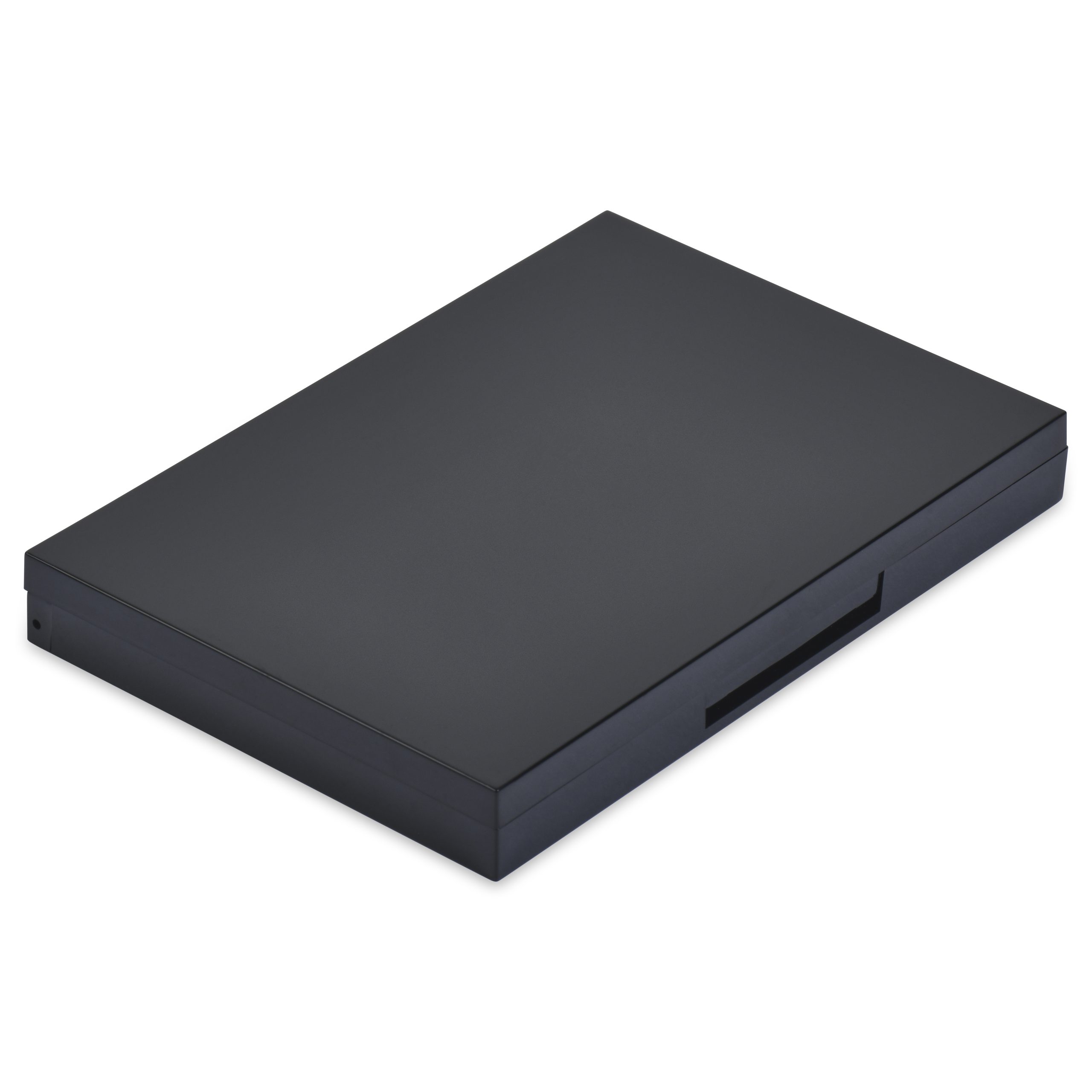 A sleek, closed 12 Well Rectangular Compact with a minimalist design is shown from an angled view. The compact appears thin and lightweight, with smooth surfaces and sharp edges. There is no visible branding or features on the top cover.