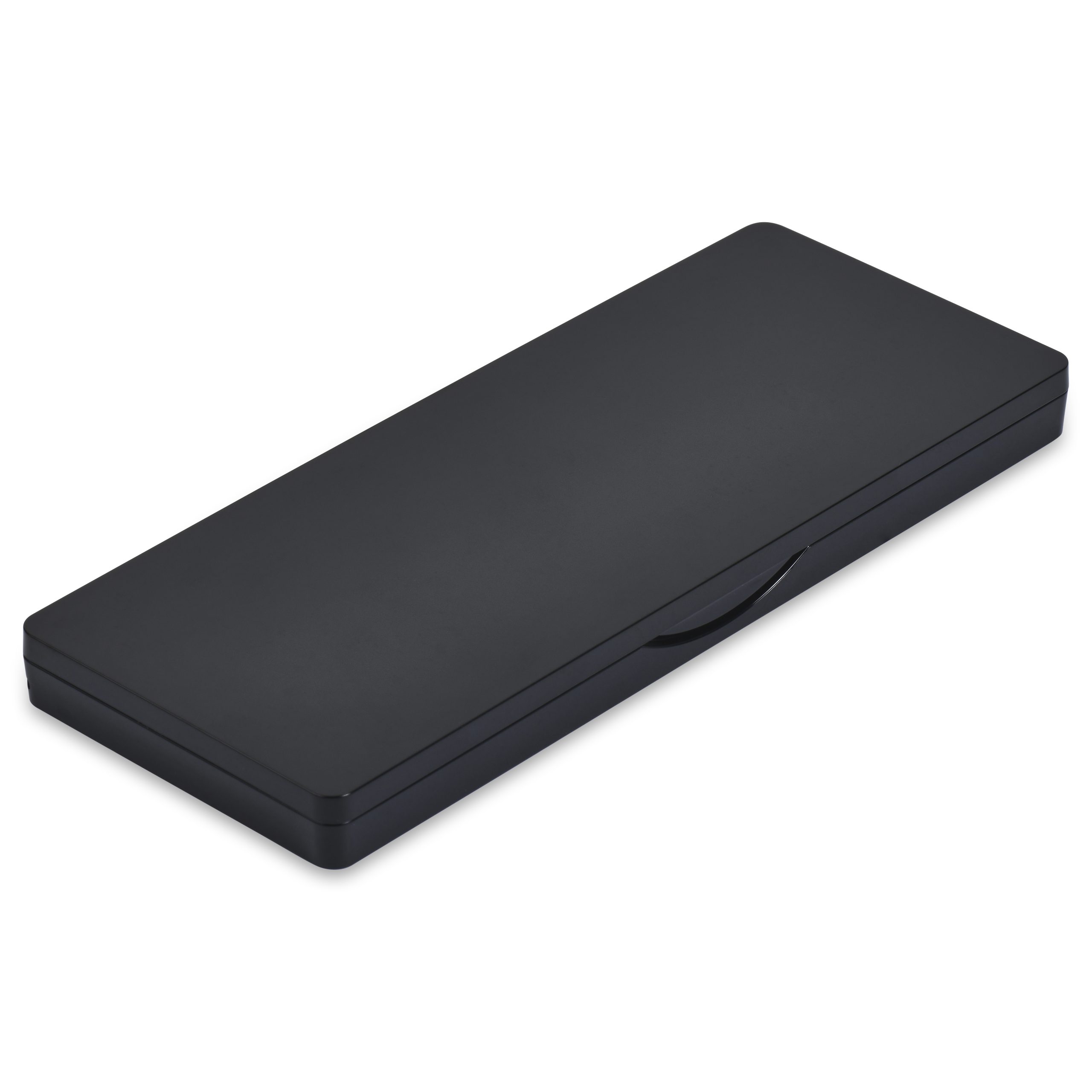 A closed, black Single Pan Rectangular Compact with Mirror featuring a matte finish. The compact is equipped with a small latch on the front, complementing its sleek and minimalist design. Its smooth and unadorned surface suggests a professional or elegant storage solution.