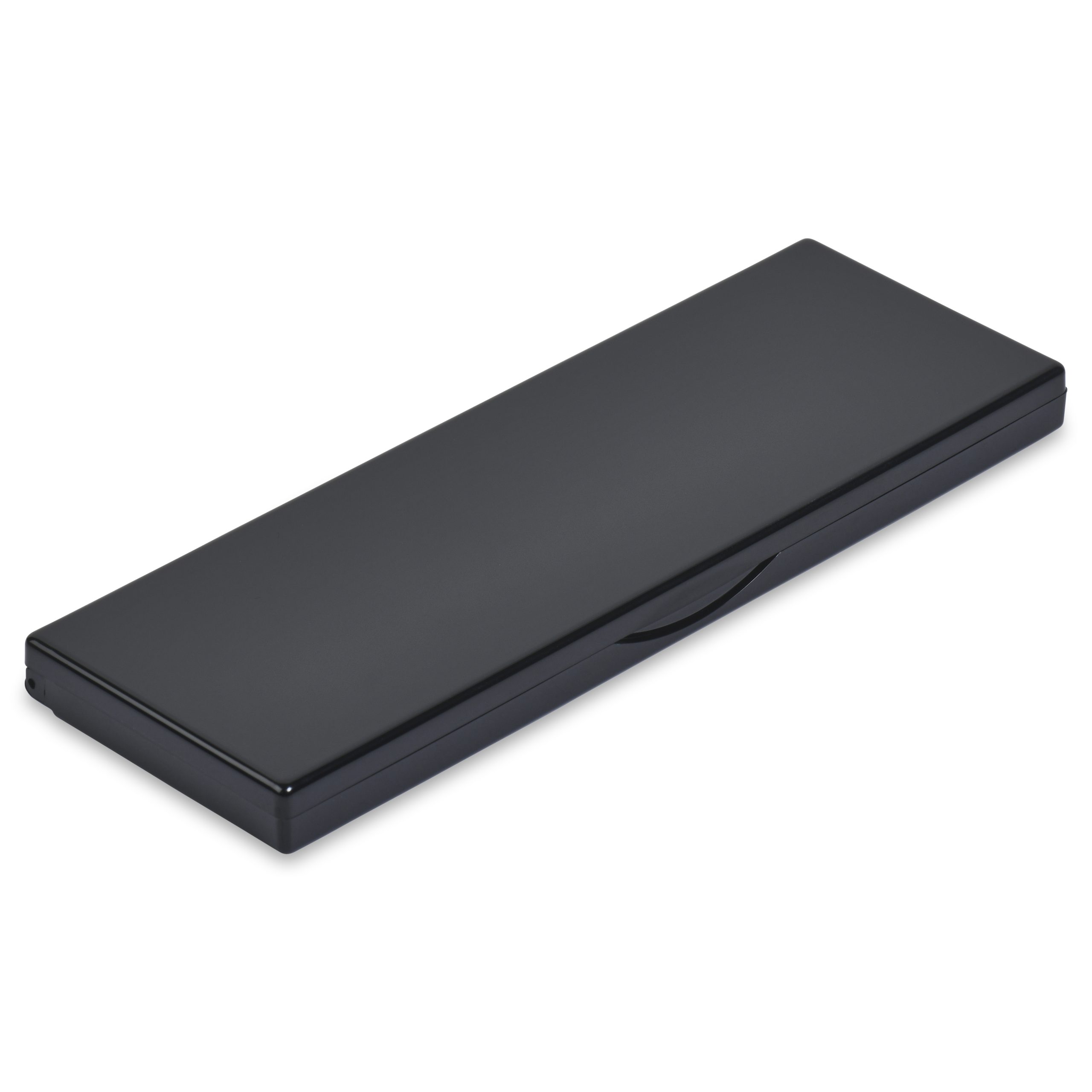 The 4 Well Rectangular Compact with Mirror is a closed black case featuring a minimalist design and a slight curve on the front edge, hinting at its opening mechanism. The case is slim and compact, ideal for storing small items like pens, tools, or other thin objects.