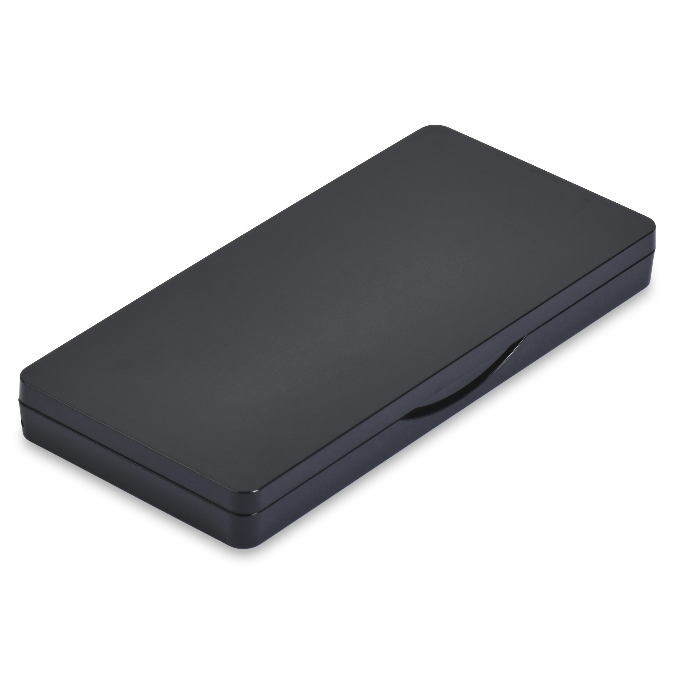 A sleek Single Pan Rectangular Compact with Mirror, featuring a black metal case with rounded corners, closed and lying flat. Its surface is smooth with a subtle glossy finish and has a slight indentation along the opening edge, hinting at a clasp or handle for easy opening.