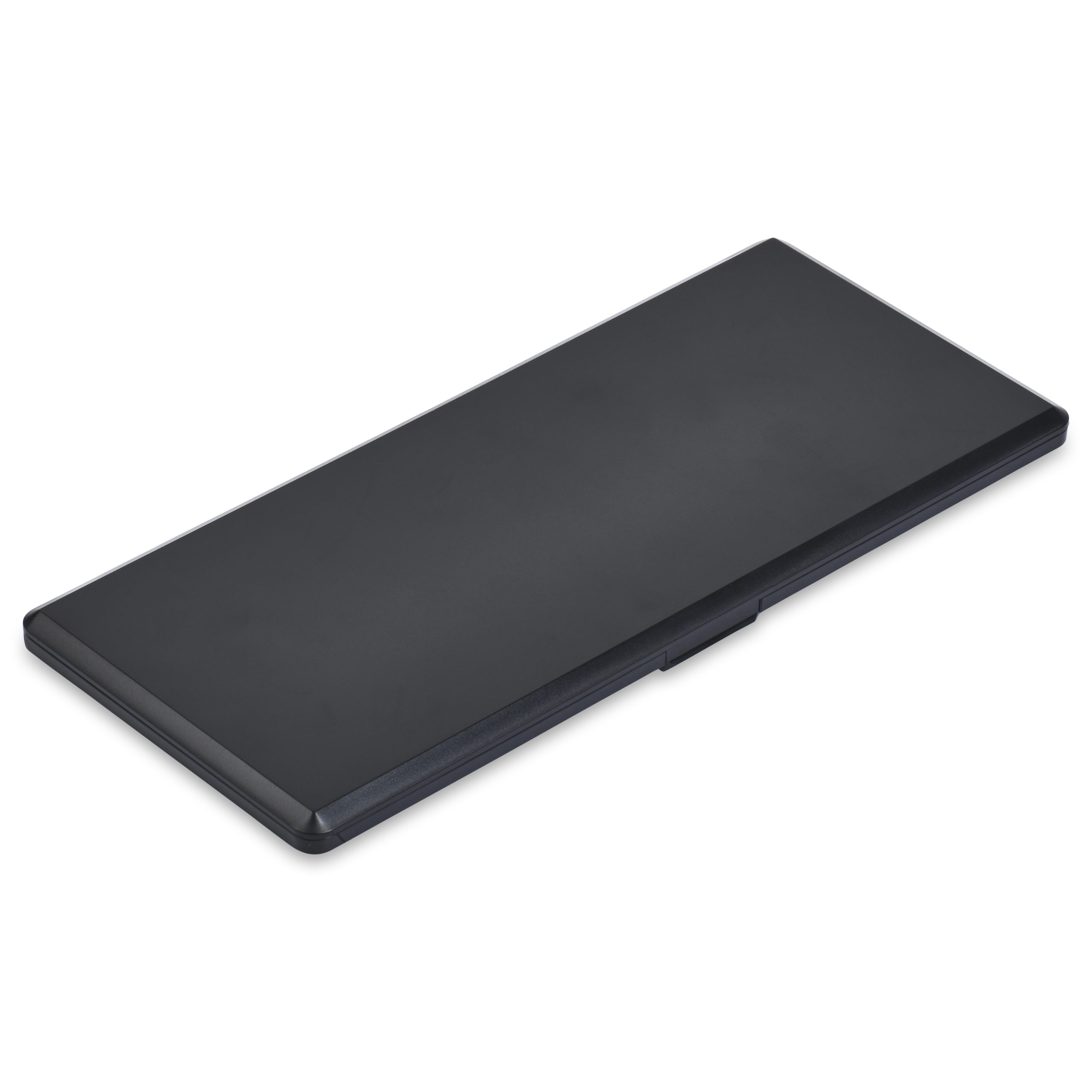 A 10 Well Rectangular Compact, elegantly designed in black plastic with clean lines and a sleek matte finish, closed and positioned against a white background. The compact appears slim and minimalistic.