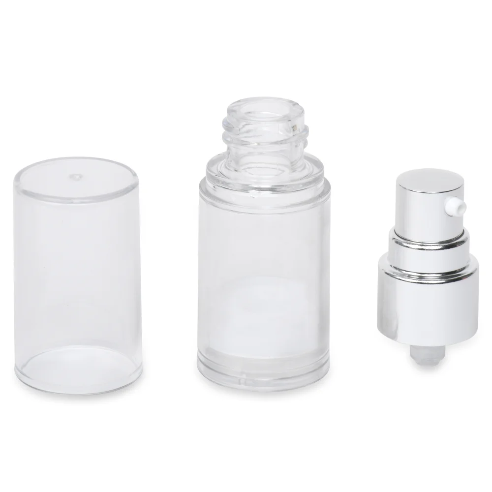 A clear, empty airless pump bottle disassembled into three parts: a cylindrical cap on the left, the main body in the center with an open top, and the spray nozzle with a metallic finish on the right.