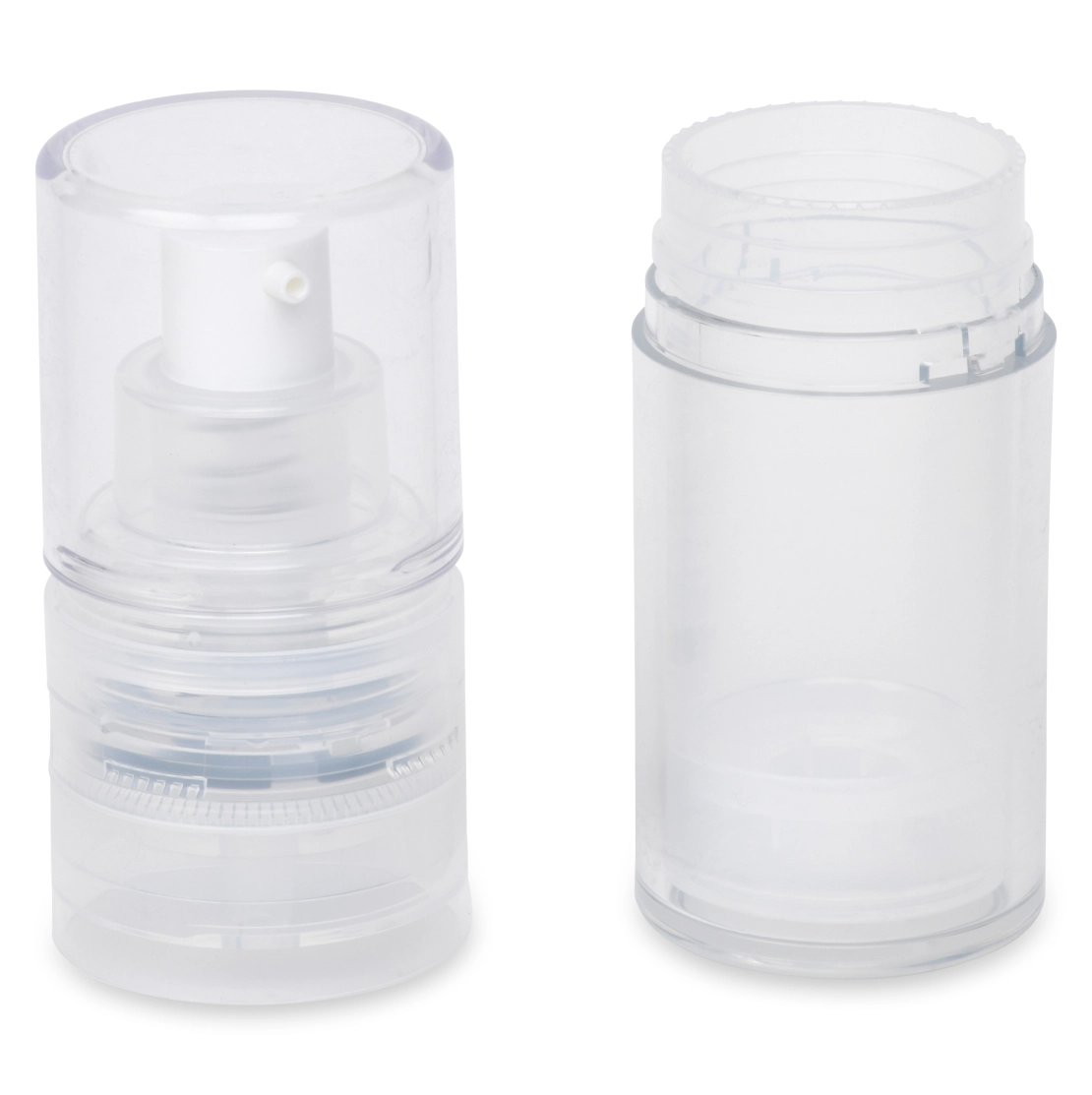 Two clear plastic travel containers with twist-off lids. One is a pump bottle, and the other is a jar with a screw-top lid. Both are empty and transparent, suitable for holding lotions or creams.